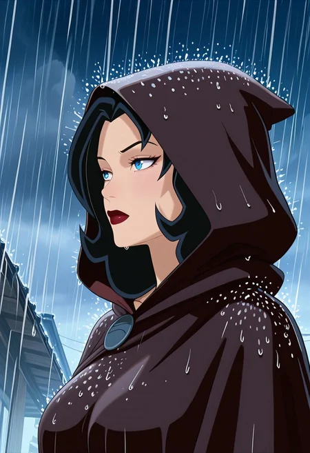 MASTERPIECE, AMAZING QUALITY, JULIE, BLACK HAIR, BLUE EYES, HOOD UP, BODY CLOAK, RAIN,