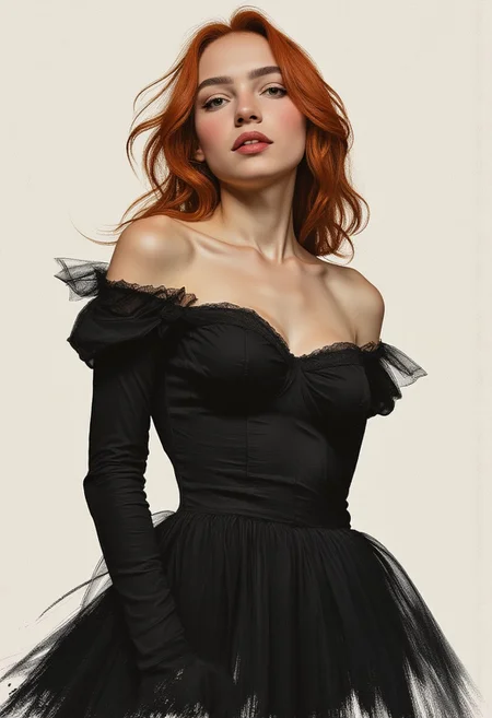 cinematic still Minimalist painting of a young influencer woman (art by Albert Lynch, Abbott Handerson Thayer), very cute, highly detail, best quality, black tight dress with exposed shoulders and low neck line, medium breasts with perky nipples, white splash background, dynamic pose, black outline, innocent, serene, pale skin, green eyes, long flowing red hair, freckles, ultra detailed, romantic, Rembrandt lighting, brush strokes, warm light, magical, extremely coherent, cute, beautiful, cinematic, stunning, creative, positive, cheerful, unique, cool, inspiring, pure, rational, very inspiring, friendly, thoughtful, luminous, magical, perfect, intricate, wonderful, lovely, style of Rembrandt, del1cate_balance style, vantablack