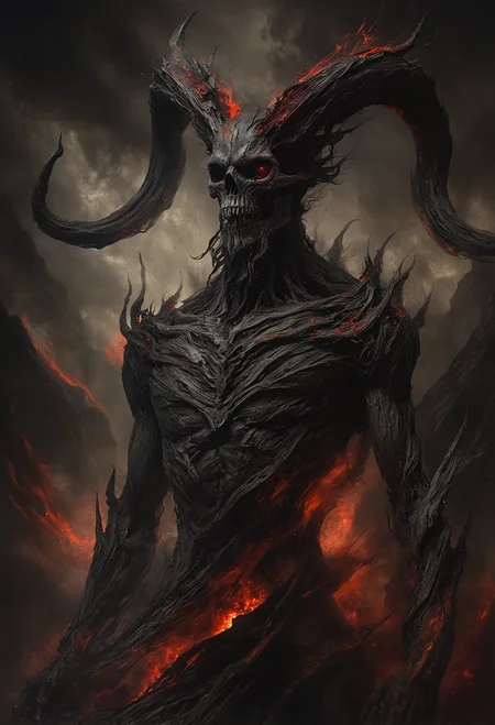 A towering creature with an ominous skull-like visage and long twisting horns emerges from the shadows, its muscular humanoid form is composed of dark greys and blacks, with stark accents of vivid red where the figure appears to disintegrate into embers and ashes, all against a moody backdrop of swirling dark reds, <lora:NicolaSamori:0.6>, <lora:Into_Darkness:0.4>, <lora:MJ52:0.3>