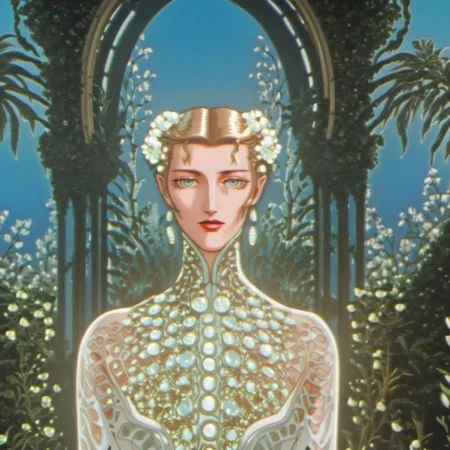portrait of a beautiful karlie kloss who is a fashion model surrounded of flowers from another planet, translucent plants, Andrey Remnev, Bridget Bate Tichenor, rococo, god light, cinematic, 35mm, 8k, fantasy, many details, much lightful, dream-like, masterpiece, detailed face, fantasy art, majestic, elegant, ornate, appealing, hypermaximalist, paradise, award winning photography, no watermark, trending on artstation --v 5