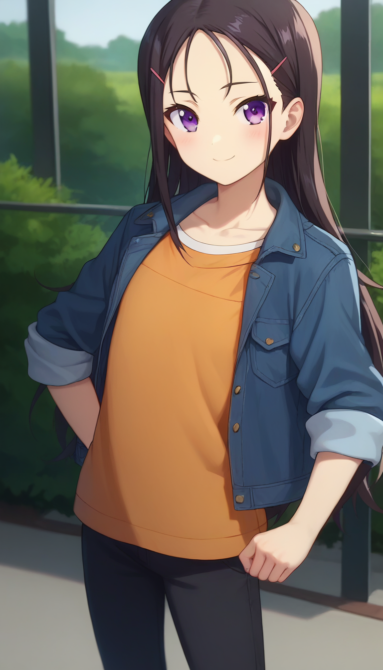 score_9,score_8_up,masterpiece,best quality,correct anatomy,anime_source,1girl,solo,perfect eyes,perfect arms,perfect legs,perfect face,outdoors,upper body,(portrait:1.5),looking at viewer,facing viewer,smile,blush,Otosaka Ayumi,long hair,black hair,hair ornament,hairclip,sidelocks,forehead,purple eyes,collarbone,denim jacket,open jacket,orange vest,flat chest,black pants,pants rolled up,sneakers,white footwear,<lora:Otosaka Ayumi(cl)-Pony:1.6>,