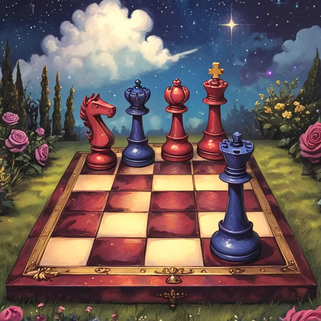 <lora:Wonderland:1>   ArsMJStyle, Wonderland, The image shows a painting of a chess board with chess pieces on it surrounded by a lush landscape of plants flowers and grass with a sky full of clouds in the background., flower, sky, star (sky), cloud, plant, starry sky, rose, hat, statue, night, 1boy, 1girl, grass, old, scenery