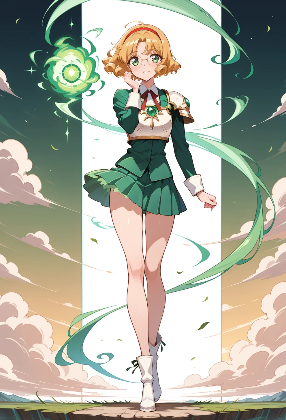 masterpiece, best quality, high quality, anime, solo, <lora:AEFuuillx:1>
AEFuuKnight, green eyes, curly hair, parted bangs, short hair, glasses, rimless eyewear, round eyewear, red hairband, breastplate, shoulder armor, green skirt, miniskirt, pleated skirt, ankle boots, white footwear,
standing, smile, wind, green energy, green magic, watson cross, hand up, full body,