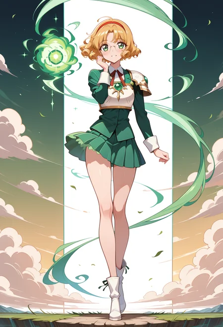 masterpiece, best quality, high quality, anime, solo, <lora:AEFuuillx:1>
AEFuuKnight, green eyes, curly hair, parted bangs, short hair, glasses, rimless eyewear, round eyewear, red hairband, breastplate, shoulder armor, green skirt, miniskirt, pleated skirt, ankle boots, white footwear,
standing, smile, wind, green energy, green magic, watson cross, hand up, full body,