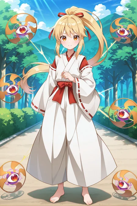 absurdres, highres, masterpiece, best quality, amazing quality, official anime artwork, screencap, anime screencap, outdoors, looking at viewer, light smile, dynamic pose, standing,
<lora:YuugenMagan_Illustrious:1> yuugenmagan, 1girl, solo, orange eyes, blonde hair, long hair, high ponytail, sidelocks,, hair ribbon, red ribbon, white kimono, long sleeves, wide sleeves, ribbon-trimmed sleeves, detached sleeves, white pants, barefoot, eyeball, electricity,