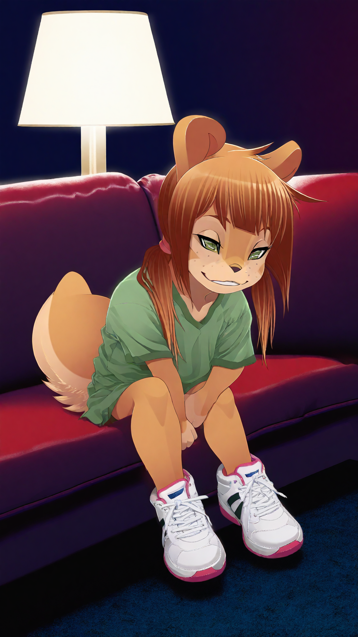 (detailed background:1.2), photorealistic, high quality, image depth, cinematic lighting, photorealistic, <lora:pony_good_hands:1>, blushing, solo, masterpiece, highest quality, 1 girl (Rocketgirl, 1girl, solo, animal ears, furry female, tail, brown hair, long hair, green eyes, bangs,freckles, brown fur,full body, sidelocks, twintails, two-tone fur), parted lips, (eyes half closed:1.2), <lora:add-detail-xl:1> <lora:add_detail:1>, detailed face, small frame, sharp outlines, on the couch, sleepy face, half asleep, living room setting, lamp, couch, bookshelf, green t-shirt with golden trim, white shoes, deep shadows, SFW, night setting, cute, small smile, <lora:Rocketgirl_v01_ILXL:1> <lora:Beautiful Detailed Eyes:1> <lora:Detailed_eyes:1>, score_9, score_8_up, score_7_up, score_6_up, score_5_up, score_4_up,