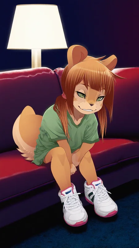 (detailed background:1.2), photorealistic, high quality, image depth, cinematic lighting, photorealistic, <lora:pony_good_hands:1>, blushing, solo, masterpiece, highest quality, 1 girl (Rocketgirl, 1girl, solo, animal ears, furry female, tail, brown hair, long hair, green eyes, bangs,freckles, brown fur,full body, sidelocks, twintails, two-tone fur), parted lips, (eyes half closed:1.2), <lora:add-detail-xl:1> <lora:add_detail:1>, detailed face, small frame, sharp outlines, on the couch, sleepy face, half asleep, living room setting, lamp, couch, bookshelf, green t-shirt with golden trim, white shoes, deep shadows, SFW, night setting, cute, small smile, <lora:Rocketgirl_v01_ILXL:1> <lora:Beautiful Detailed Eyes:1> <lora:Detailed_eyes:1>, score_9, score_8_up, score_7_up, score_6_up, score_5_up, score_4_up,