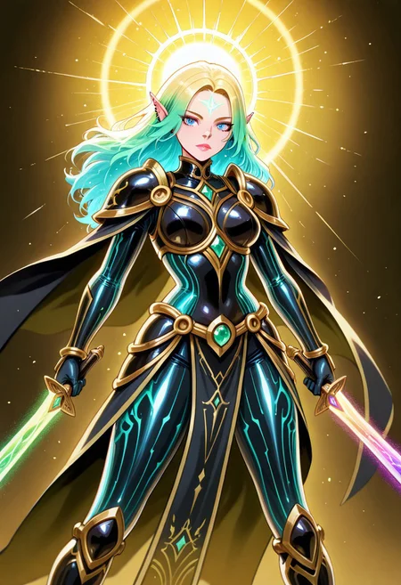 masterpiece, best quality, amazing quality, very aesthetic, absurd res, intricate details, 4k, semi realistic, cartoon, fantasy, energy around, aura, dynamic pose, fighting stance, beautiful woman, multicolored hair, rainbow colors, divine, score_9, score_8_up, ral-czmcrnbw, <lora:AMarvelRivals_style:1>, marvelrivals. Solara is a radiant and ethereal warrior with voluminous, fluffy hair that cascades in wild waves, blending seamlessly into a vibrant mix of colors—fiery orange, golden yellow, deep magenta, and streaks of electric blue, violet, and emerald green. Her hair seems to glow faintly, shifting hues depending on the light around her, embodying the full spectrum of the rainbow.
Her skin has a soft, warm yellow hue. Bright white markings swirl across her forehead, cheeks, and the bridge of her nose, forming intricate, almost celestial patterns that glow subtly when she calls upon her power. Her ears are long and pointed, resembling those of an elf, adding to her otherworldly presence.
Her lips are a strikingly bright color—either a bold fuchsia or a radiant gold—standing out against her sun-kissed skin. Her piercing blue eyes shimmer with inner brilliance, reflecting the vast spectrum of light she wields.
She wears sleek, form-fitting black armor with golden accents, exuding both elegance and strength. The gems that once adorned her armor have been replaced with smooth, polished metal, now engraved with delicate glowing lines resembling constellations. A flowing black cape billows behind her, its edges constantly shifting in prismatic hues, mirroring her light-wielding abilities.
Solara commands the full power of the rainbow. She is capable of creating dazzling constructs, weaving beams of multicolored energy, and bathing battlefields in mesmerizing, shifting light. Her very presence seems to bring warmth and illumination, as though she carries a piece of the sun wherever she walks.
