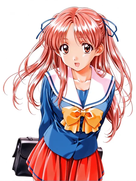 masterpiece,best quality,newest,
1girl,solo,
retro artstyle,<lora:sawatari_honoka_ilxlv1.5:1>,s_honoka,pink hair,hair ribbon,two side up,long hair,brown eyes,
h_clothes,long sleeves,white sailor,blue clothes,yellow bowtie,red pleated skirt,
<lora:Fixhands_anime_bdsqlsz_V1:1>,white_background,simple_background,
arms behind back,open mouth,tachi-e,school bag,standing,cowboy_shot,looking_at_viewer,