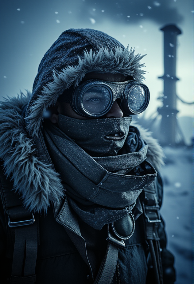 A mid-shot portrait of a frostbitten survivor in thick, worn winter clothing, the face partially obscured by a fur-lined hood, snow and ice layering the garments, steam-punk goggles catching faint glimmers of light, surrounded by swirling snow, a distant industrial tower emitting faint smoke, dark and cold atmosphere  bv-fropunsty<lora:bv-frostpunk-style-v1.safetensors:1.0:1.0>