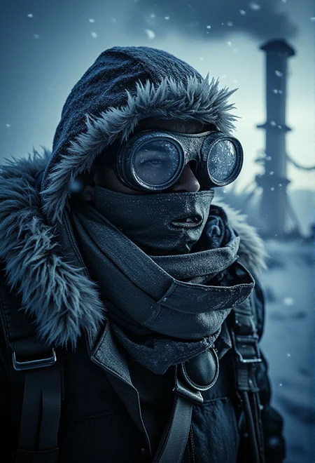 A mid-shot portrait of a frostbitten survivor in thick, worn winter clothing, the face partially obscured by a fur-lined hood, snow and ice layering the garments, steam-punk goggles catching faint glimmers of light, surrounded by swirling snow, a distant industrial tower emitting faint smoke, dark and cold atmosphere bv-fropunsty<lora:bv-frostpunk-style-v1.safetensors:1.0:1.0>