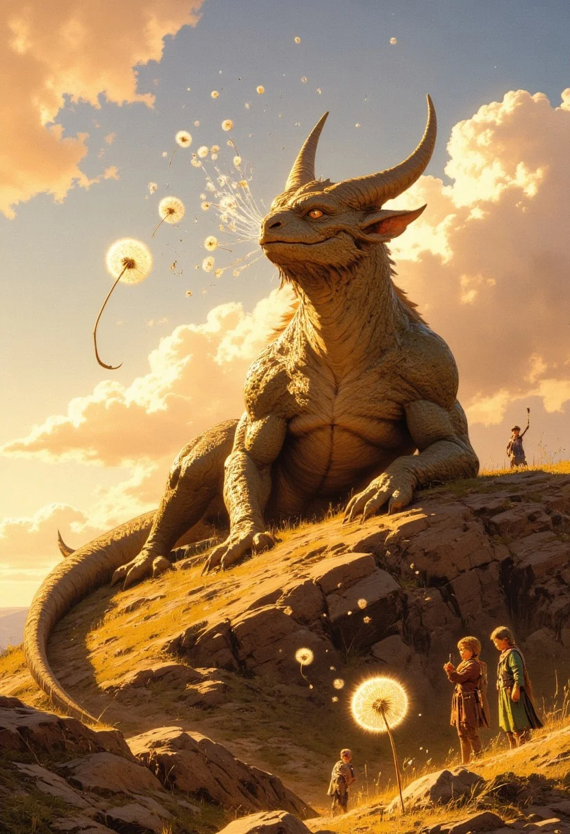 Imagine a Dandelion Dragon, a small, fluffy dragon whose scales are soft like dandelion fluff. It floats rather than flies, drifting on the breeze with a serene expression. Its breath isn't fire but a gentle gust that sends seeds scattering across meadows. This photo captures the dragon resting atop a hill, surrounded by children trying to catch the floating dandelion seeds, all bathed in the golden light of a setting sun.