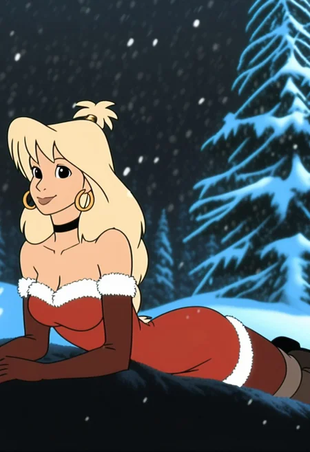 woman, tiffany, kangoo,1girl, female, red dress, dress, furry,black eyes, gloves, solo, snow, fur-trimmed dress, christmas, snowflakes, breasts, smile,blonde hair,long hair, fur trim, elbow gloves, lying, cleavage, medium breasts, snowing, outdoors, santa costume, fur-trimmed gloves, short dress, on stomach, looking at viewer, closed mouth, alternate costume, red gloves, signature, pine tree, santa dress, tree, full body, boots, blurry background, blurry, choker