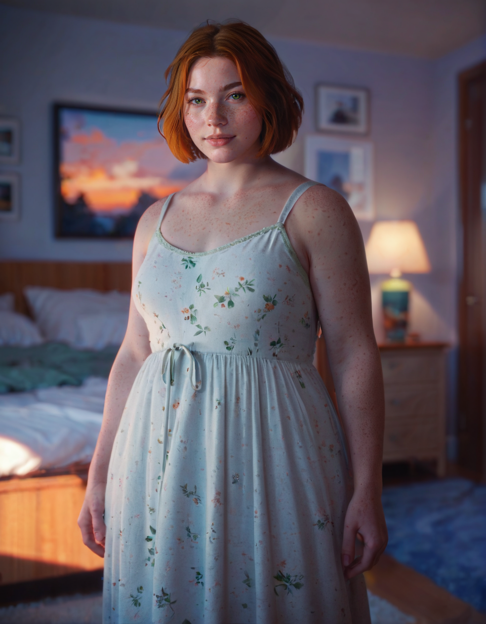 score_9, score_8_up, score_7_up, <lora:swann_v1-000015:0.7>, swann, 1girl, orange hair, short hair, green eyes, freckles, body freckles, plump, dress, standing, facing viewer, looking at viewer, inside, bedroom, depth of field, cinematic lighting, <lora:StS_PonyXL_Detail_Slider_v1.4_iteration_3:3>