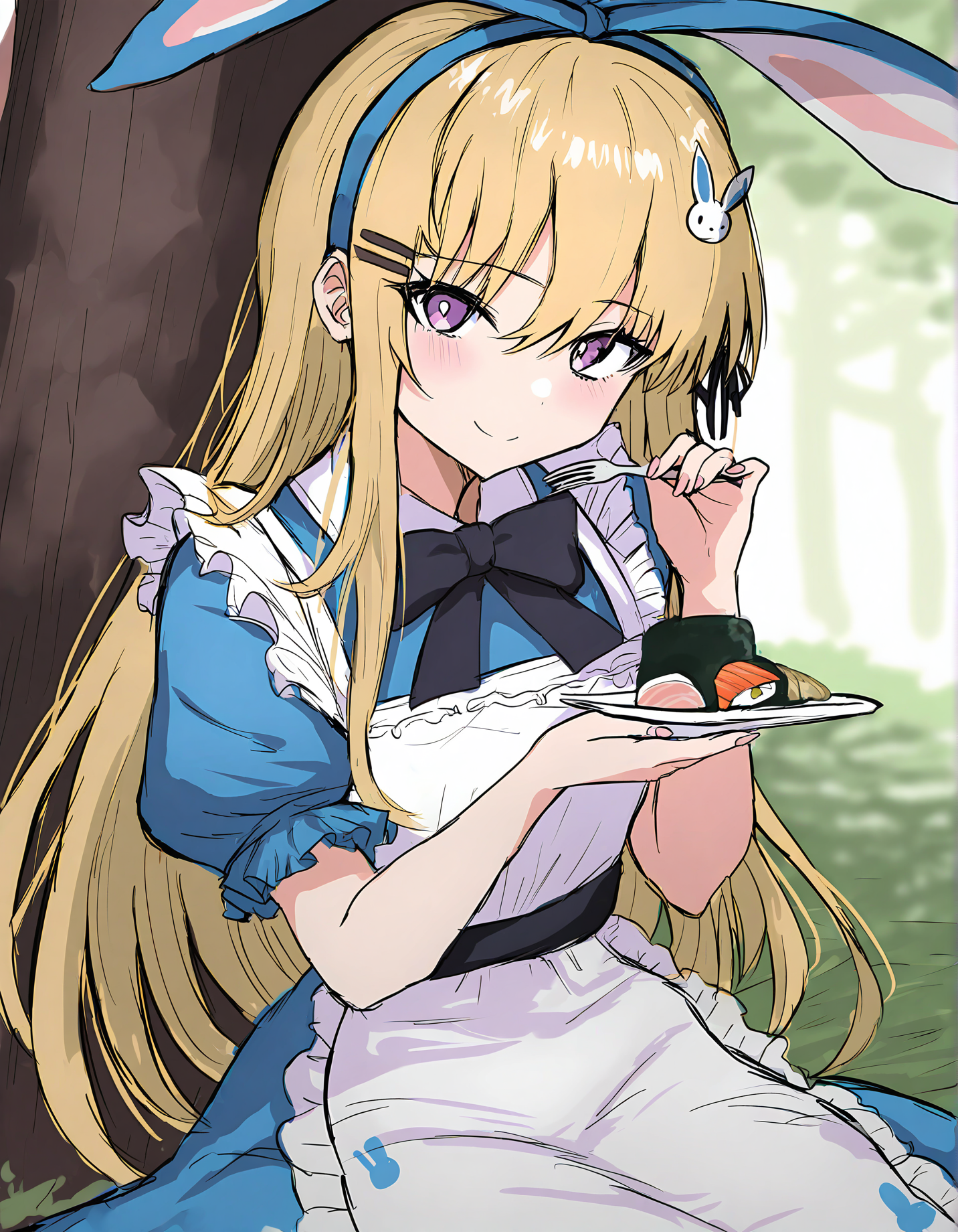 sushi yuusha toro, 1girl, blonde hair, long hair, solo, puffy short sleeves, short sleeves, hair ornament, fork, puffy sleeves, smile, dress, closed mouth, blush, blue dress, tree, purple eyes, alice (alice in wonderland), holding fork, holding, very long hair, apron, bow, hairband, hair between eyes, sensitive, food, white apron, black bow, ribbon, rabbit hair ornament, sketch, looking at viewer, sitting, collared dress, hair ribbon, frills, blue hairband, fingernails, frilled apron, day, black ribbon, against tree, black bowtie, outdoors
very awa, masterpiece, best quality, year 2024, newest, highres, absurdres, <lora:black-souls-style-noobai-10-vpred:1>