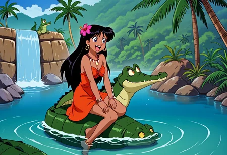 Tick tock crocodile,male animal focus,tail, crocodile open large mouth ,green skin, blue eyes, Tick Tock the crocodile is giant and very huge size,teeth, swimming in water,partially submerged,Tick Tock the crocodile looking at a young girl who she is sitting on rock cliff. Little_Girl_anime_manga,long hair, black hair, dark-skinned female,the girl her very smal size, purple eyes, tribal_tropical_clothe, chest_band,purple very long_dress, jewelry, dark skin, smile, necklace,hair flower, bracelet, anklet, barefoot,open mouth,river,palm trees, jungle, Disney, waterfall,anime, manga