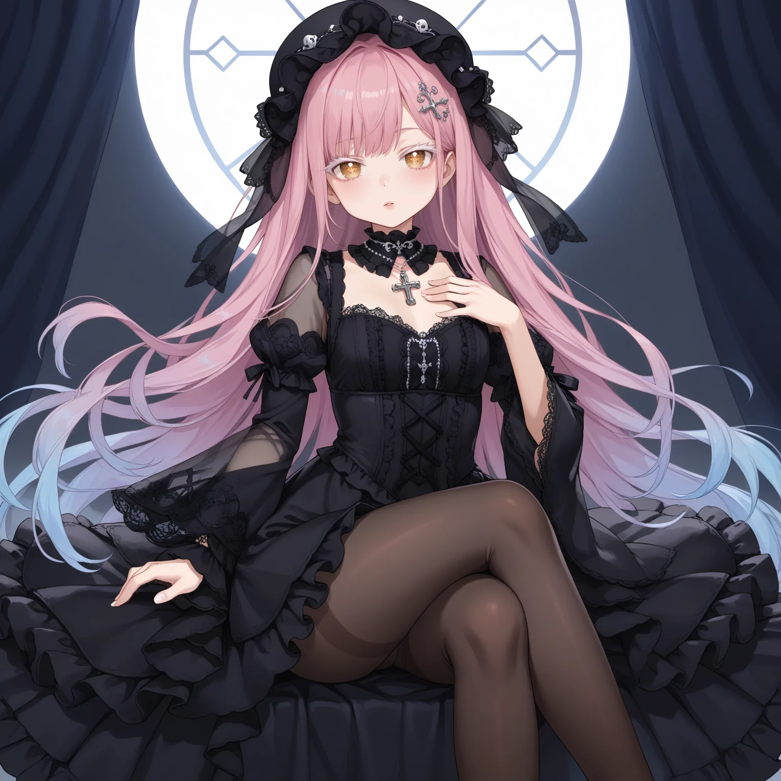 1girl,solo,
(score_9,score_8_up,score_7_up, source_anime,rating_all),
BREAK
(from side:1.1),
crossed legs, feet, legs, thighs,
hand on own chest,
blush,
<lora:hyxkaoru-final-psplive-pony6-flyingdeer-e26p-r2:0.65>,
very long hair,bangs,
(pink hair, (blue hair:0.55), gradient hair, multicolored hair),
hair ornament,
yellow eyes,cross-shaped pupils,
((white eyelashes:1.05), (white eyelash:1.05)),
(necklace, jewelry, (purple gem:0.15)),
HYXKaoruBlack,
(black headwear, see-through headwear),
(see-through dress, frills, lace trim),
(detached collar, black choker, lace choker),
(long dress, black dress, long sleeves, wide sleeves),
black ribbon,
(pantyhose, black pantyhose, (black stockings:0.55)),
BREAK
(gothic:0.55),