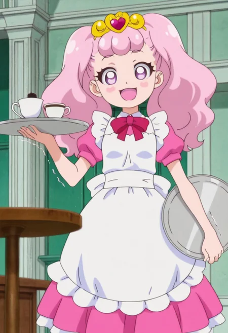 anime screencap, solo,1girl,pafu, apron, looking at viewer, dress, maid, small breasts ,open mouth, mansion, holding tray, coffee, trembling tray, table, smile, concentrated, trembling hand,
high definition,amazing quality,best quality,very aesthetic,masterpiece,absurdres,
