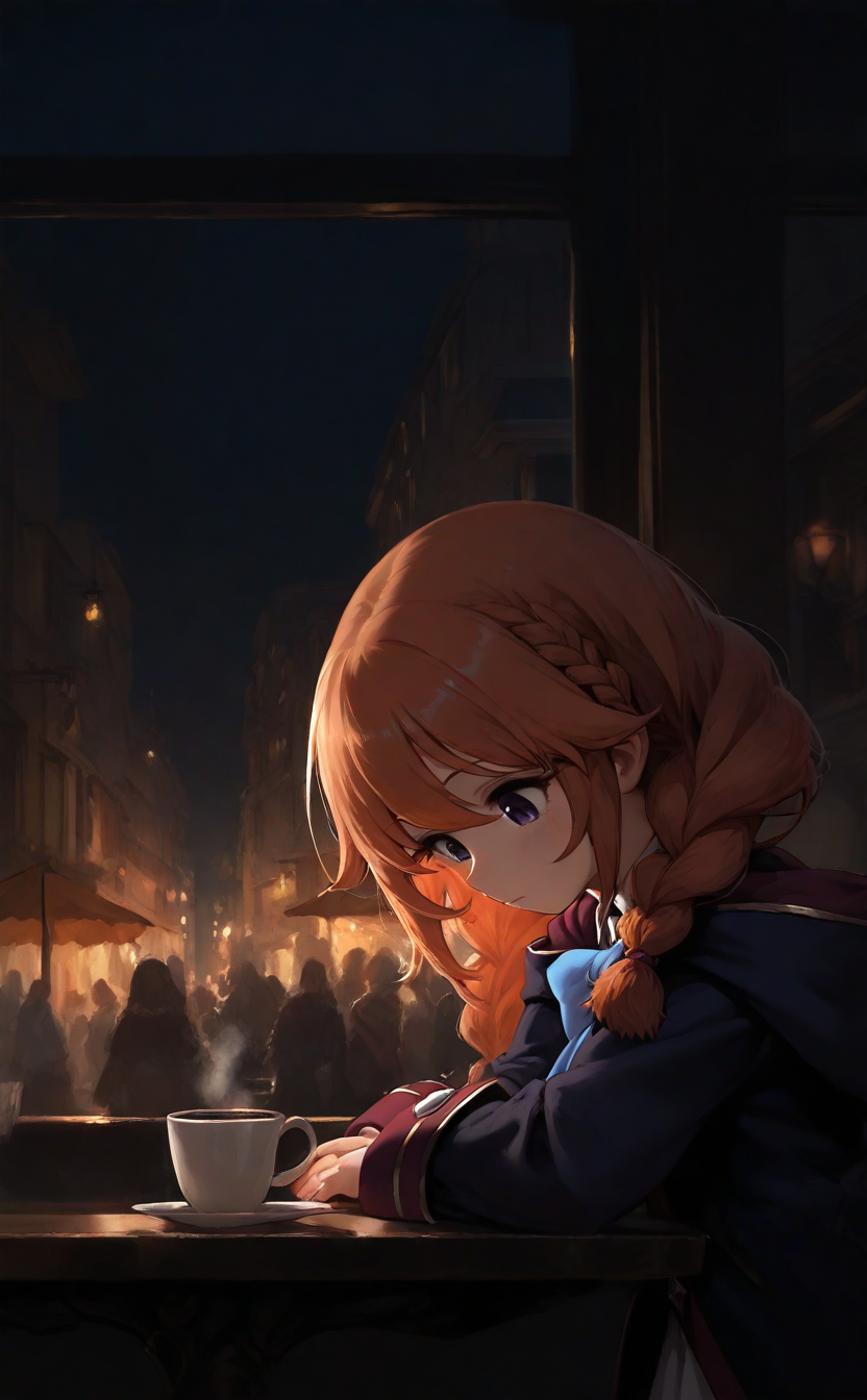 1girl, solo, yuni \(princess connect!\), princess connect!, looking down, upper body, from side, coffee, cafe, table, indoors, night, window, street, crowd, building, dark, masterpiece, best quality, very aesthetic