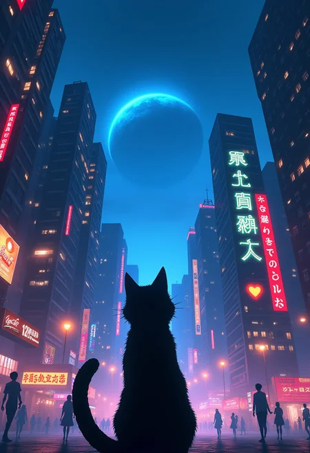 High quality, high resolution, high definition,
A magical city with faint neon lights on the skyscrapers, a planet emitting blue light, with the view from behind a cat looking down at the city with a large sign that says "need buzz" with a yellow heart, citybkg, anime style, high ilumination, galaxy sky, calid colours, carteles de publicidad con letras japonesas