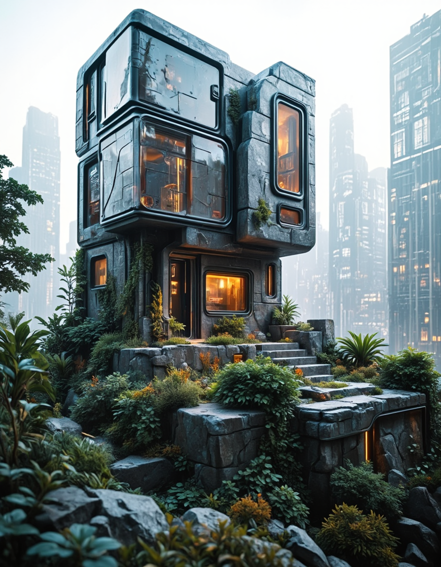 <lora:CWMinis01v2flux:1> cw01mini, cyberpunk, house, design, cyberpunk cityscape background, add on wall, vegetation, day, low angle shot,