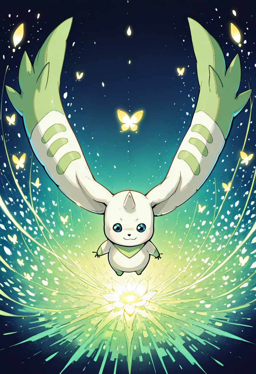 masterpiece, best quality, no humans,     zzTerriermon,  floating code, glitch butterflies, neon flowers, pixel dust, glowing petals, cyberspace garden, soft light, hovering Within a blooming garden of glowing data, zzTerriermon floats among shimmering pixelated flowers. Glitch butterflies flicker past, trailing streams of code behind them. He holds a luminous blossom in one paw, smiling faintly â a visitor to beauty coded into existence.    ,<lora:TerriermonDigimon_IXL:1.0>,