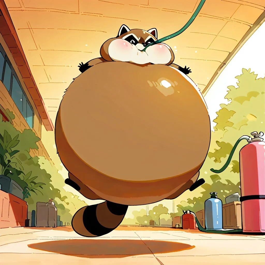 masterpiece, best quality, no humans, spherical-inflation, raccoon, puffy cheeks, floating, hose in mouth, gas tank, detailed background,