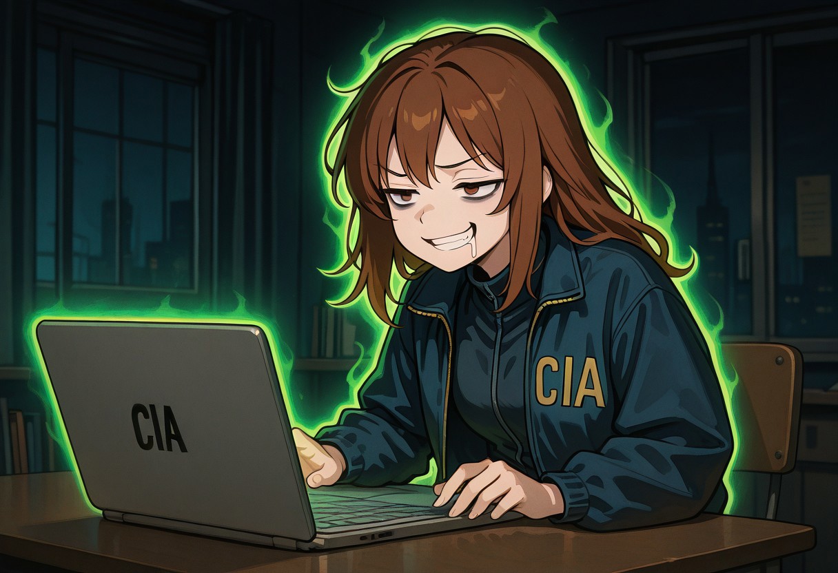 masterpiece, best quality, 1girl, medium length hair, brown hair, brown eyes, smug, grin, bags under eyes, jacket, cia jacket, green aura, glowing, sitting at desk, dark room, laptop, looking at laptop, aggressively typing, drool