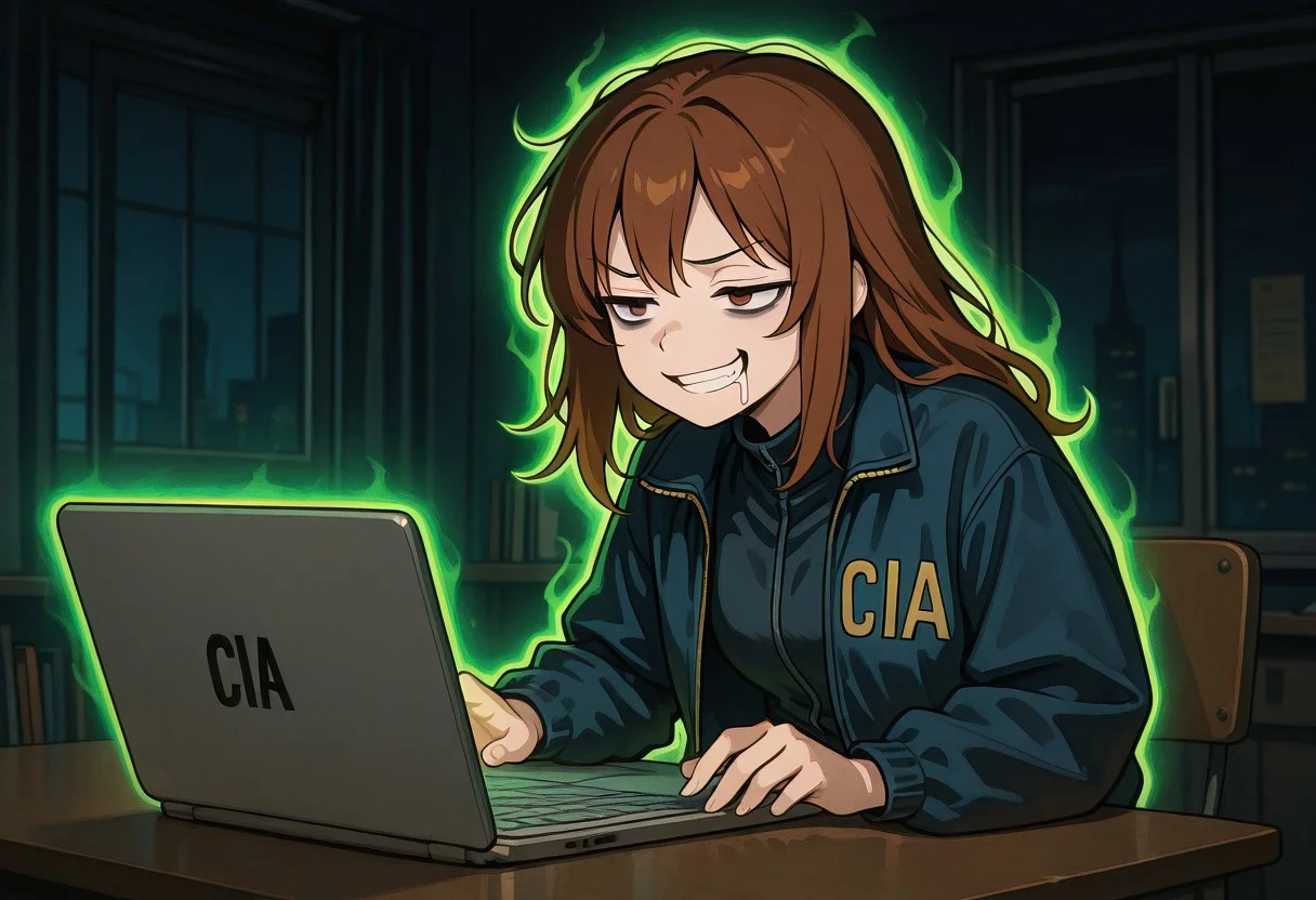 masterpiece, best quality, 1girl, medium length hair, brown hair, brown eyes, smug, grin, bags under eyes, jacket, cia jacket, green aura, glowing, sitting at desk, dark room, laptop, looking at laptop, aggressively typing, drool