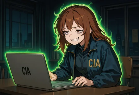 masterpiece, best quality, 1girl, medium length hair, brown hair, brown eyes, smug, grin, bags under eyes, jacket, cia jacket, green aura, glowing, sitting at desk, dark room, laptop, looking at laptop, aggressively typing, drool