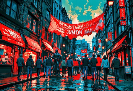 A bustling city street eerily quiet on February 28, 2025. Normally vibrant neon lights of shops and billboards are replaced by dim, flickering 'Closed' signs, while pedestrians are few and far between. In the center of the frame, a diverse group of individuals, young and old, gather around a makeshift podium with a homemade banner that reads "The People's Union USA." John Schwarz, a 57-year-old man with a stoic expression, stands at the podium, holding a megaphone to his mouth, broadcasting his message of economic protest. His worn, blue collared shirt and simple baseball cap reflect his everyman persona. The group behind him holds up hand-painted placards with slogans such as "Economic Fairness Now," "Fight the System," and "United for Change." The atmosphere is tense yet hopeful, with the setting sun casting a dramatic orange glow over the cityscape, symbolizing a new day for the common people. The empty sidewalks are filled with shadows of the past, with a few abandoned shopping carts and fast-food containers serving as stark reminders of the consumer-driven society that has come to a standstill. The occasional flash of a smartphone camera captures the historic moment as people from all walks of life stand together in unity for a common cause, their reflections bouncing off the darkened windows of the closed businesses. The scene encapsulates the power of collective action and the determination to challenge the status quo, illustrating the nationwide protest against corporate greed and economic injustice.
A bustling city street folds and twists like a crumpled sheet of paper, yet the people walking along it seem unfazed. Buildings stretch and curve into impossible shapes, their windows and doors distorted like a funhouse mirror. A cyclist rides along a road that loops in on itself, and a streetlight appears to be melting into a pool of liquid light. The perspective shifts unpredictably, making it hard to tell which way is up or down.