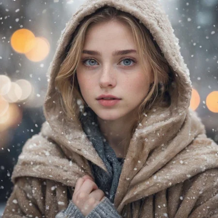 photograph of a cute adult girl, blonhair, pale skin, freckles, blush, innocent, petite and youthful face, silver blue eyes, wearing a cloak, city christmas festival, snowfall, Porta 160 color, shot on ARRI ALEXA 65, bokeh, sharp focus on subject, shot by Don McCullin, nsfw, (natural skin texture, hyperrealism, soft light, sharp), (perfect round eyes:1.3), Capture the essence of her beauty, Enrich the composition with soft, diffused natural light that accentuates the textures and colors, creating a timeless and culturally rich image, EyeDetail-SDXL, fFaceDetail-SDXL