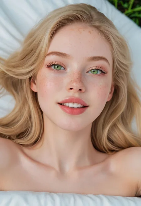 full body photo, looking at viewer, INSTAGRAM, PORNHUB, Cinematic Hollywood Film style , blonde female supermodel, Swedish beautiful girl of 18 years old, big mouth, plump lips, extra shinny lips, long fake eyelashes, smile, textured pale skin, blonde Brenden silver long hair, mouth wide-open, perfect teeth, light freckles, small nipples, small perky breasts, long legs, thin legs, petite body, thin waist, perfect round breasts, laying on a sun bed, laying on her back, spread legs, pov, moaning, beautiful rose garden, perfect green eyes, detailed irises and pupils, green eyes, shot on Hasselblad X2D 100C,ISO 50, bokeh, natural light form early spring at midday, sharp focus, realistic, high definition, Beautiful sun light filtering through the ends of the hair, long hair, cute face, gorgeous, cute, pretty, pretty face, adorable, vernal, pale skin, freckles, blond hair, green eyes, full shiny lips, big lips, thick lips, parted lips, pink lip gloss, mascara, skinny thighs, petite body, young looking, skinny, holding legs up, big head, innocent look, young face, full body view, (view from above)