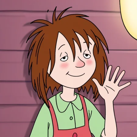 score_9, 1girl, solo, llhh1, brown hair, short hair, green shirt, sleepy smile, half closed eyes, blush, waving at viewer, upper body, <lora:llhh1:1>, Volumetric Lighting,