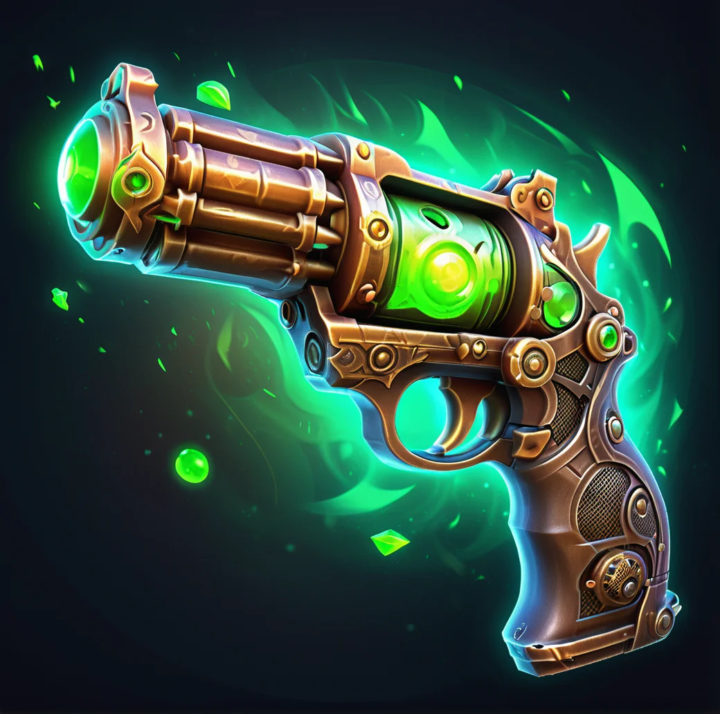 digital game illustration, fantasy weapon, stylized revolver, glowing green orb, intricate design, 3d illustration, metallic texture, ornate detailing, steampunk elements, firearm art, magical gun, dark background, high-resolution image, bronze tones, shading effects, energy weapon concept, digital art, weapon concept design, game asset ,<lora:游æ-000002:0.6>