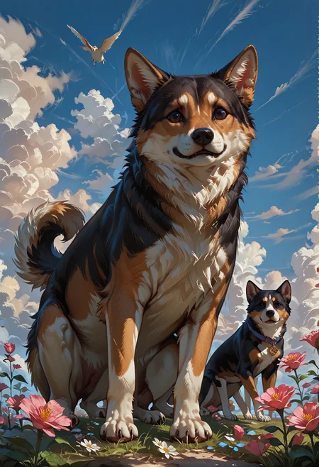 score_9,score_8_up,score_7_up,embedding:zPDXL2, masterpiece,best quality,highly detailed,detailed background, film grain,colorful,hand person,Expressiveh, , flower, outdoors, sky, day, cloud, blue sky, no humans, animal, cloudy sky, pink flower, dog, animal focus, no humans,shiba inu<lora:增强\(增强)sdxl_lightning_8step_lora.safetensors:1.0:1.0> <lora:风格\收藏\Concept Art DarkSide Style LoRA_Pony XL v6.safetensors:1.0:1.0> <lora:增强\(增强)Expressive_H-000001.safetensors:0.8:0.8> <lora:增强\(增强)Hands XL 4.safetensors:1.0:1.0> <lora:增强\glowneon_xl_v1.safetensors:1.0:1.0> <lora:Vixon\Vixon's Pony Styles Feelfal.safetensors:0.8:0.8>