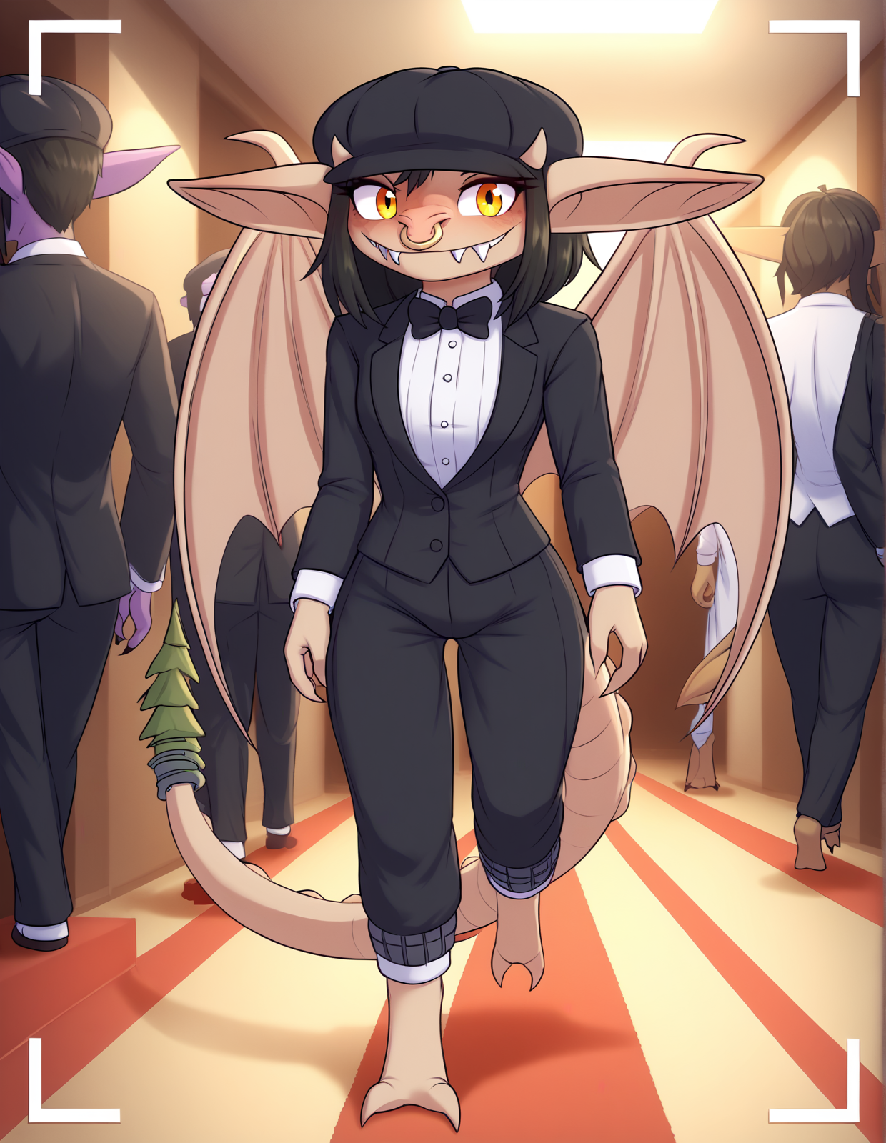 score_9, score_8_up, score_7_up, score_6_up, score_5_up, score_4_up, source_furry, opqb, bfu, ivy \(deadlock\), deadlock, valve, gargoyle, humanoid, mammal, anthro, big ears, claws, clothed, clothing, facial piercing, female, black hair, hair, horn, looking at viewer, membrane \(anatomy\), membranous wings, nose piercing, nose ring, piercing, ring piercing, solo focus, tail, teeth, wings, tan body, fully clothed, walking, suit, (tuxedo:1.2), black pants, (short:1.5), chibi, red carpet, group, (photo shoot, camera flash:1.1), detailed background, black hat, flat cap, 4 fingers, 
<lora:ivy-deadlock_pdxl:1>