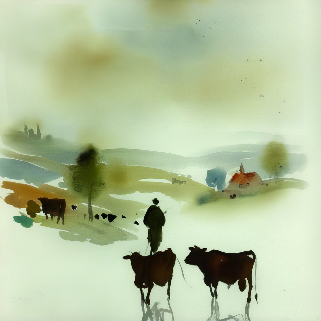 drawix10 shepherd with cows, trees and village in the background<lora:drawix10:1>