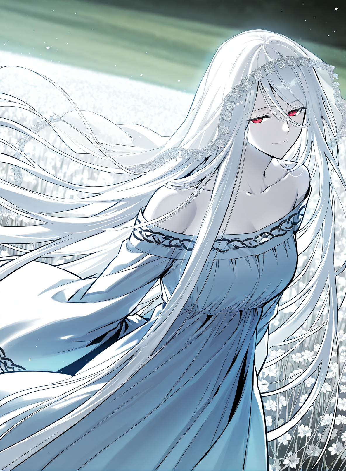 <lora:Yuridika__Doom_Breaker__Illustrious:1>
1 girl, red eyes, pale skin, hair between eyes, white hair, very long hair, bangs
white dress, veil, collarbone, wide sleeves, long sleeves, bare shoulders,
score_9, score_8_up, score_7_up, very aesthetic, source_anime, detailed, high quality, beautiful, masterpiece, detailed eyes, field, blurry background, pose dynamic angle, upper body, cowboy shot, light smile, floating hair, half-closed eyes, hands behind back, leaning forward, looking forward, looking at viewer,