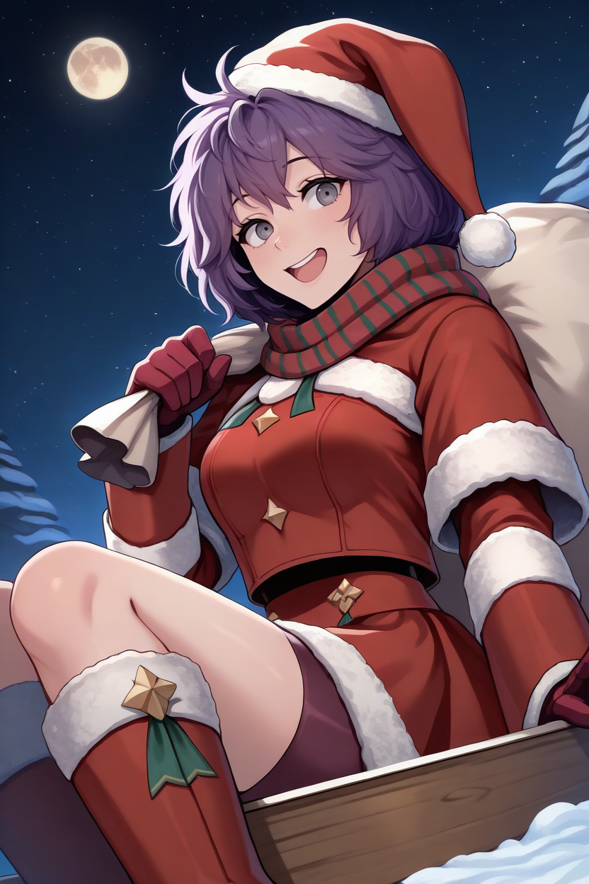 masterpiece, best quality, 1girl, solo, <lora:febernadetta-illu-nvwls-v1-000006:1> wntbndta, purple hair, messy hair, grey eyes, santa hat, santa costume, fur trim, red scarf, striped scarf, red dress, red gloves, red skirt, shorts under skirt, red boots, medium breasts, riding sleigh, snow, night sky, stars, moon, happy, open mouth, reindeer, sack over shoulder, looking at viewer, sitting