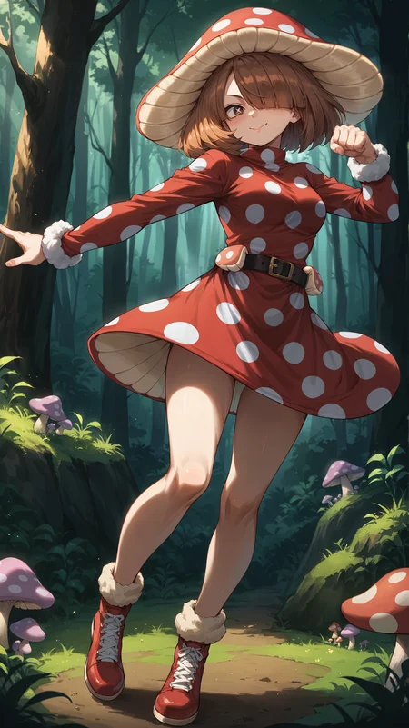 score_9,score_8_up,score_7_up,score_6_up, <lora:xl_more_art-full_v1:0.5>, source_anime, girl, dynamic pose, getting dressed, <lora:Kinoko Komori (Shemage) - Pony-000004:0.8>, short hair, brown hair, bangs, hair covering one eye, brown eyes, mushroom cap hat, red dress, polka dot dress, black belt, red shoes, polka dot shoes, super mushroom, pine forest, dim lighting,