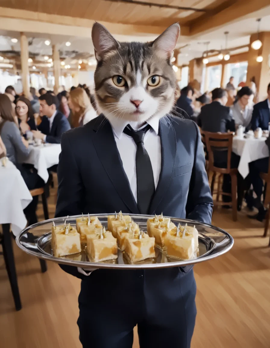 serxyz fooddrinks , front view , (cat in suit) with a tray in a crowded restaurant <lora:Serving:1>