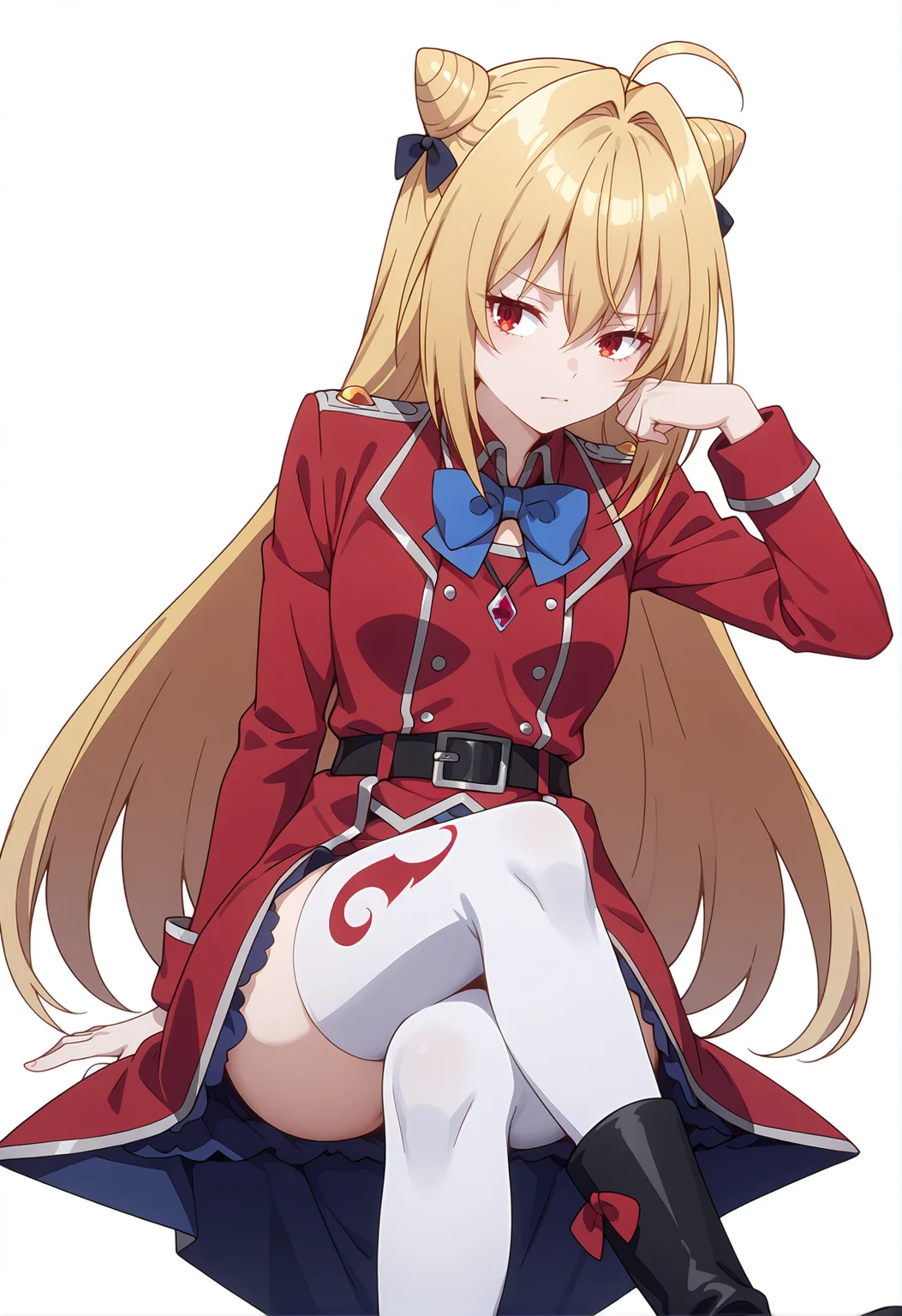 <lora:Terakomari GANDESBLOOD_illustrious-000058>,
Terakomari GANDESBLOOD,solo,thighhighs,sitting,white thighhighs,bow,black footwear,boots,blue bow,long sleeves,dress,bowtie,closed mouth,jacket,belt,blue bowtie,blonde hair,cone hair bun,red dress,red jacket,simple_background,white_background,cowboy_shot,crossed_legs