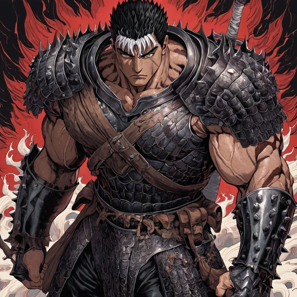 masterpiece, best quality, newest, absurdres, highres, INCV1.0
1boy, guts_(berserk), spiked hair, muscular male, multicolored hair, black hair, white hair, armor,