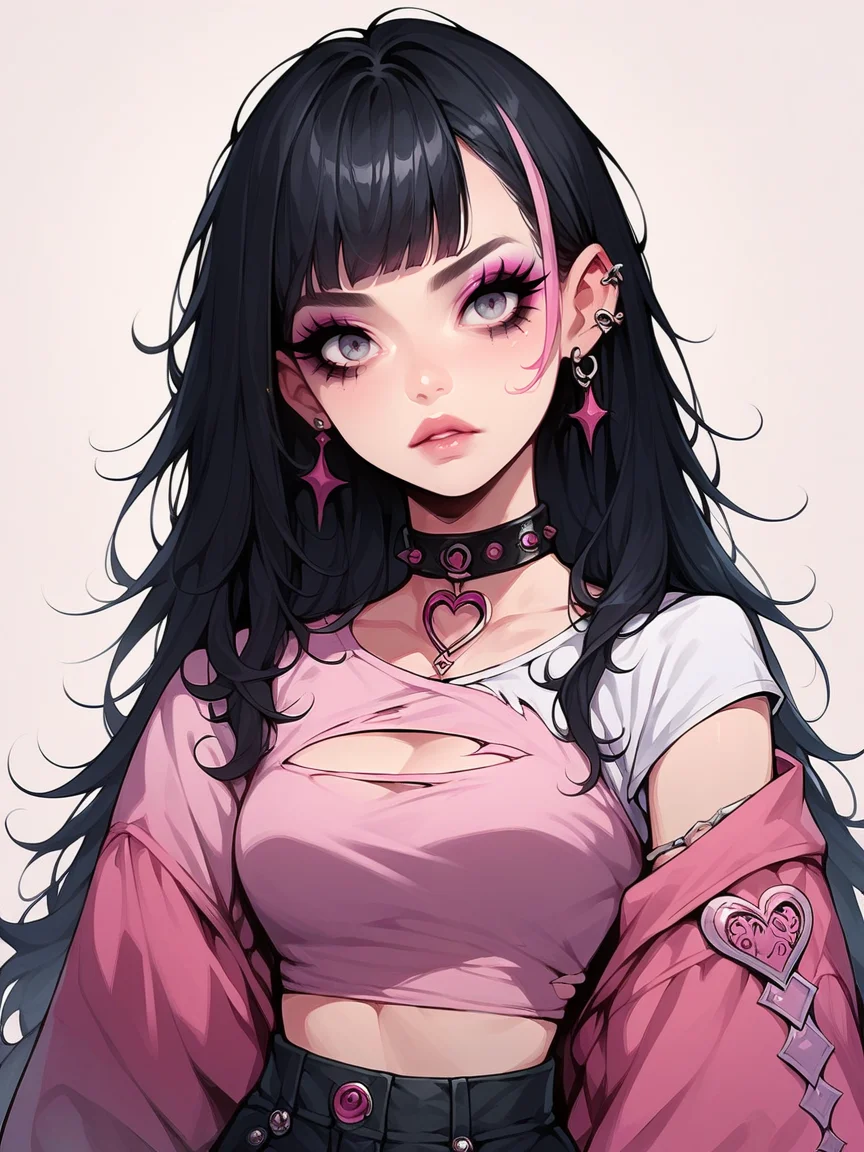 source_anime, score_9, score_8_up, score_7_up, score_6_up, score_5_up, <lora:egirlXLP:1> egirl, 1girl, solo, long hair, makeup, black hair, pink streaked hair, crop top, torn clothes, ear piercing, eyeshadow, v