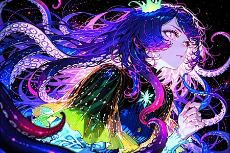 score_9, score_8_up, score_7_up, 1girl, cinematic angle, monster girl, tentacle hair, glowing eyes, eyelashes, tentacles, shining stars, starry sky, Depth of field, 4k wallpaper, cinematic shadows, chiaroscuro, cthulhu theme,  [(black background:1.2)::0.2], (starry sky background:1.2), masterpiece, best quality, amazing quality, very aesthetic, absurdres, highres, newest, intricate details, <lora:ponyv4_noob1_2_adamW:1.0> <lora:enhancerV4-pony:1> <lora:illustrious_noobai_epsilon_pred_1_best_quality_v1:1> <lora:illustrious_noobai_epsilon_pred_1_masterpieces_v1:1>