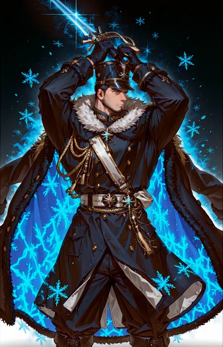 <lora:pose_jodan_no_kamae:1>, ((jodan holding weapon, holding sword, arms up, two-handed, to the side,)),
<lora:face_Edwin__Alchemist_Code-000004:.7>, tagatameedwin, 1boy, black hair, dark blue eyes, short hair, solo, male focus, manly, bara, mature male, muscle body, shako hat, fur trim, snowflakes pin, coat, aiguillette, shirt, sash, gloves, glowing pattern, tassel, pants, boots,
cowboy shot, 
(very short hair, beard, bara, mature, facial hair, stubble, beard, full beard, sideburn, beard, a lot of beard, ), facial hair,male focus, muscular male, muscular male, bara, mature,  bara, mature, aixiwuganda_(20222192), very awa, masterpiece, best quality, absurdres, newest, perfect quality, detailed background, intricate details,
<lora:slider_Body Type_alpha1.0_rank4_noxattn_last:3><lora:Anime Summer Days 2 Style SDXL_LoRA_Pony Diffusion V6 XL:.6><lora:slider_cfg_scale_boost:.7><lora:Artist6p:.55>, Artist6p, Artist04p,<lora:slider_il_brightness_slider_d1:-1><lora:slider_il_contrast_slider_d1:-1><lora:slider_DarkSlider1.2_alpha1.0_rank16_full_300steps:-.6><lora:slider_contract_controller_illus01_v1:.5>,