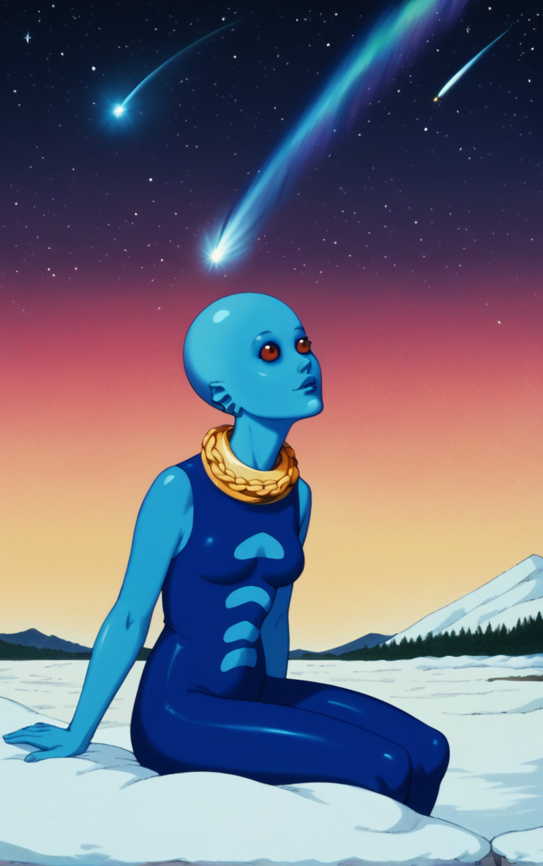 score_9, score_8_up, score_7_up, BREAK
STYLE_FantasticPlanet_ownwaifu, a blue alien with red eyes and a body painted blue with gold chains and a red eye,
(sitting, looking up), aurora, shooting star,  star \(sky\), winter, snow, night, scenery, outdoors,  <lora:PONYXL_STYLE_FantasticPlanet_ownwaifu:0.75> , depth of field, solo,