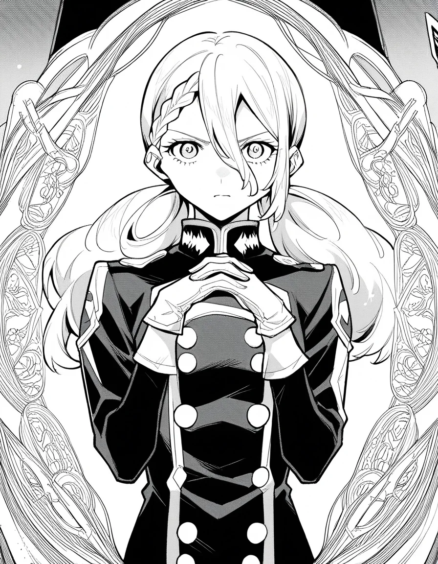 score_9, score_8_up, score_7_up, source_anime, <lora:varvara-pilipenko-manga-ponyxl-lora-nochekaiser:1>, varvara pilipenko, greyscale, monochrome, long hair, hair between eyes, braid, twintails,, gloves, uniform, military, military uniform, music store, browsing records, headphones, vinyl collection, nostalgic, , <lora:gendou-pose-ponyxl-lora-nochekaiser:1>, gendou pose, own hands clasped, own hands together, parody,, looking at viewer, solo,, dutch angle, cowboy shot