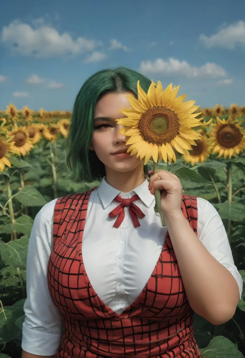 core_9, score_8_up, score_7_up,source_anime, oh_great_style, huge breasts, wide hips, looking at viewer,,asian,
YuukaAmazon, short hair, green hair, huge breasts, red eyes, collared shirt, red vest, open vest, red ribbon, plaid skirt,
zzSunflower, upper body, outdoors, hand up, portrait, one eye covered, yellow flower, holding flower,
outdoors, sunflowers field, blue sky,
  perfection,